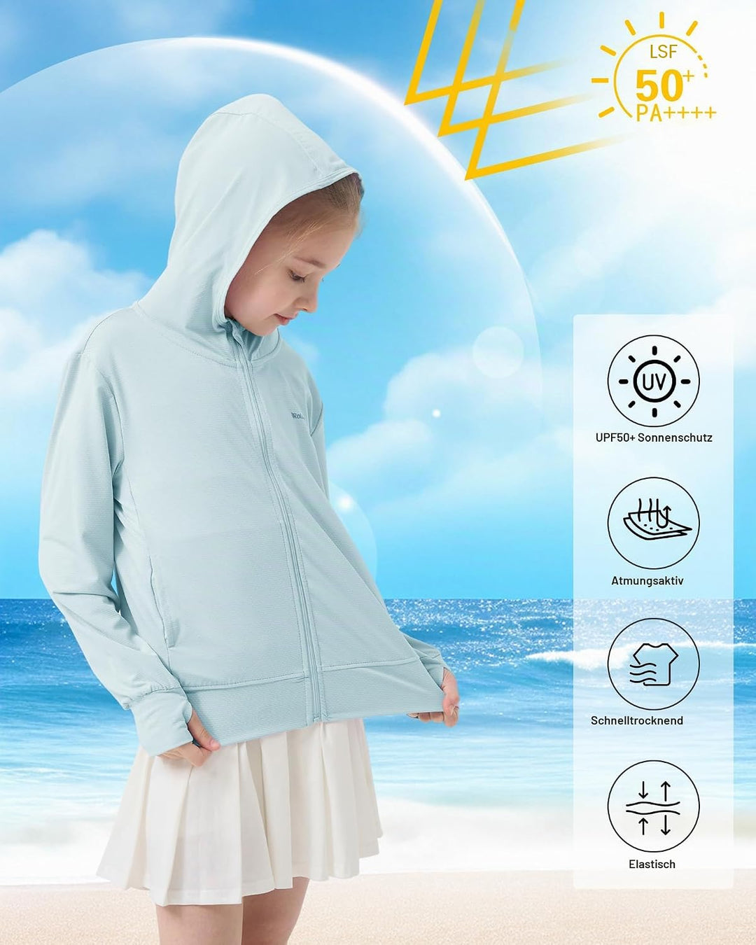 Rolanko Mädchen Sommerjacke mit Daumenlöchern Langarm Sonnenschutz Schnell Trocknend Reissverschluss