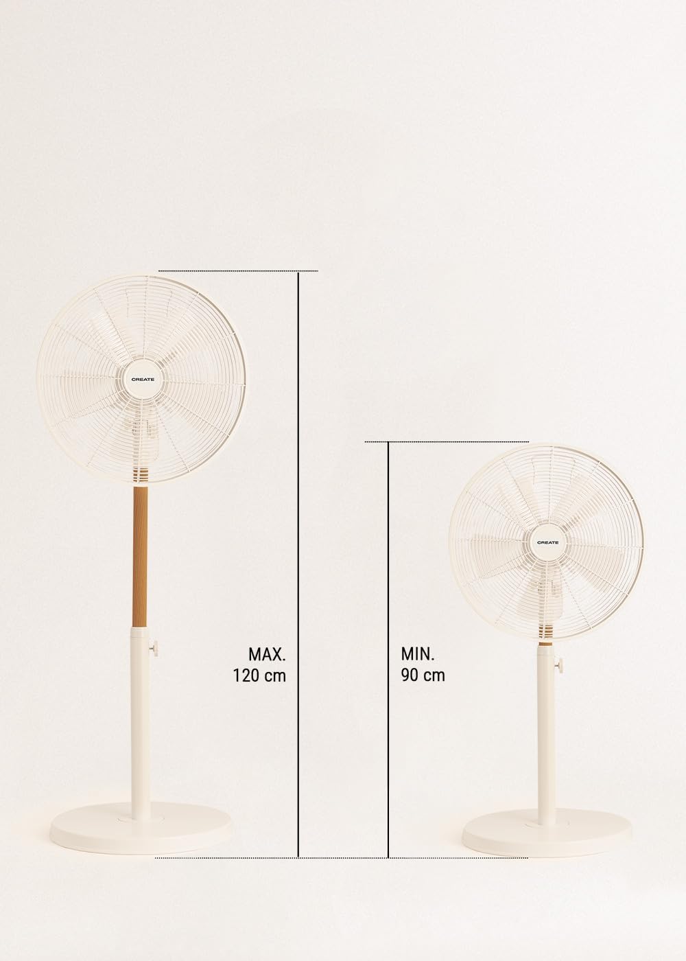 CREATE / AIR STAND WOOD/Standventilator Weiss und Naturholz mit Oszillation 75º / 50W, Ø36cm, 3 Gesc
