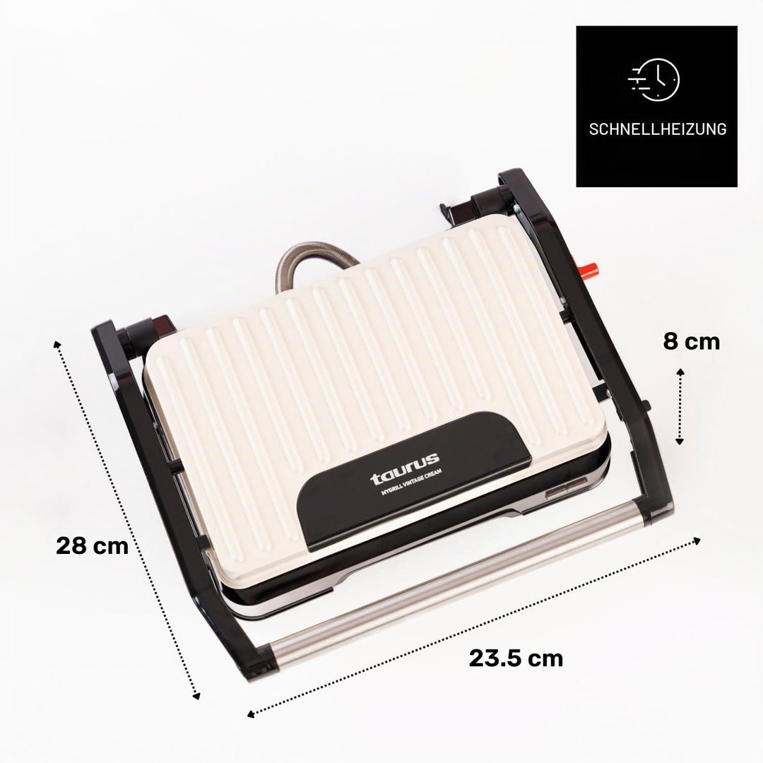 Taurus Mygrill Vintage Cream Elektrogrill, 1000 W, Öffnung 180°, Platten 23 x 14,5 cm, Antihaftbesch