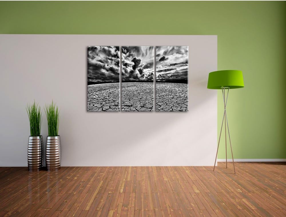 Pixxprint Monocrome, Ausgetrocknete Wüstenlandschaft 3-Teiler Leinwandbild 120x80 Bild auf Leinwand