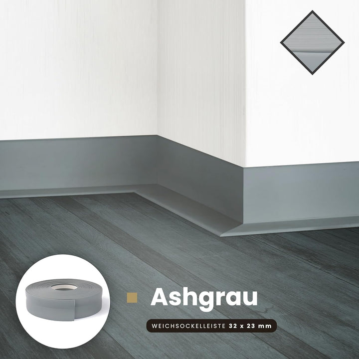 DQ-PP WEICHSOCKELLEISTE | 20m | ashgrau | 32x23mm | PVC | selbstklebend | Knickwinkel Fussleisten Gu