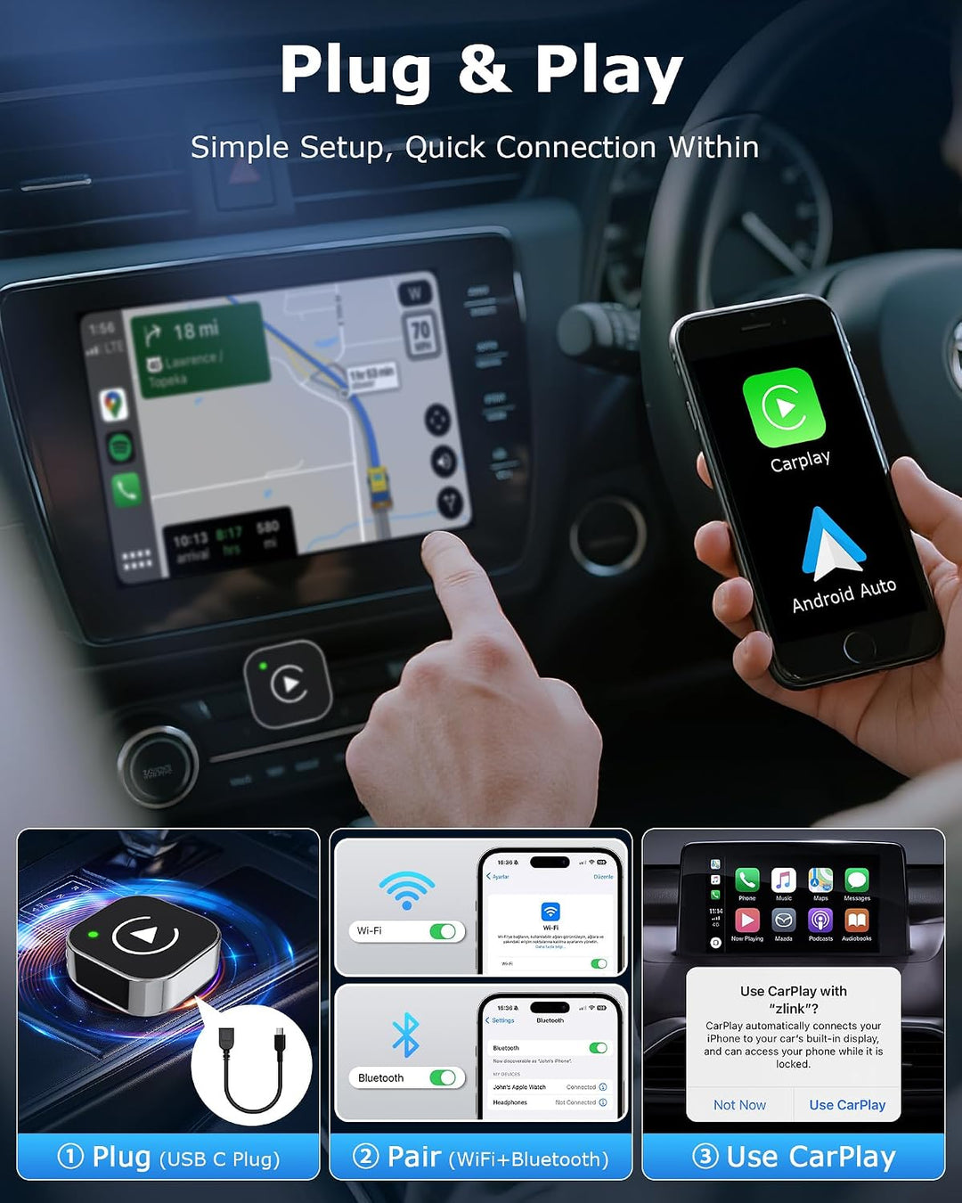 2-in-1 CarPlay Wireless Adapter Android Auto Adapter