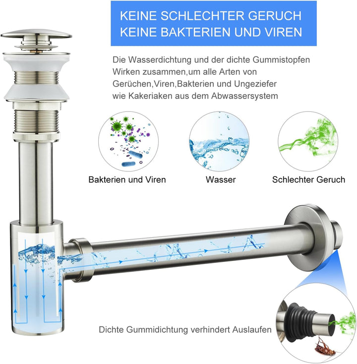 Edelstahl 1 1/4" x 32 mm Siphon Set für Waschbecken, Syphon Pop up Ablaufgarnitur ohne Überlauf Stöp