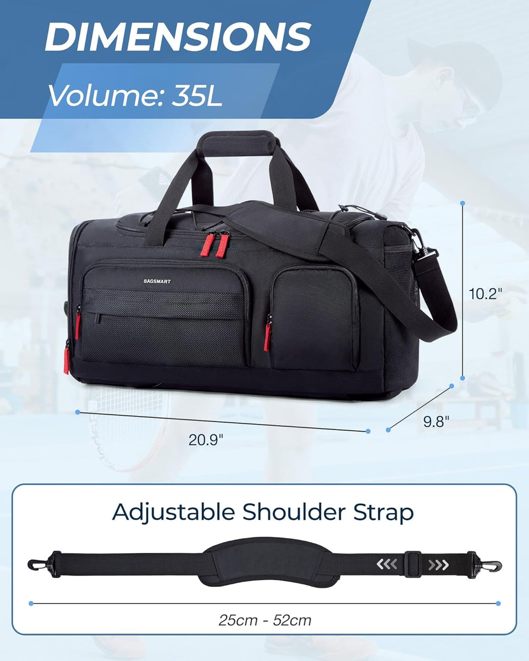 BAGSMART Sporttasche Damen und Herren, Sporttasche mit Schuhfach und Nassfach wasserdichte Gym Bag R