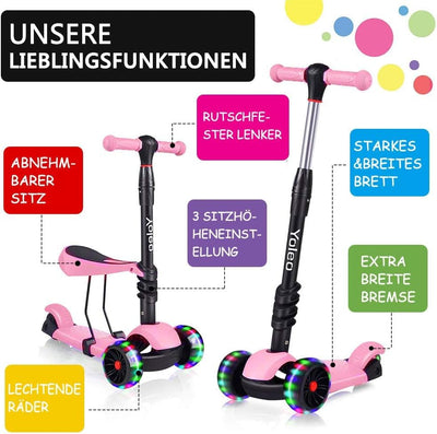 YOLEO 3-in-1 Kinder Roller Scooter mit Abnehmbarem Sitz, LED grosse Räder, Höheverstellbare Lenker f
