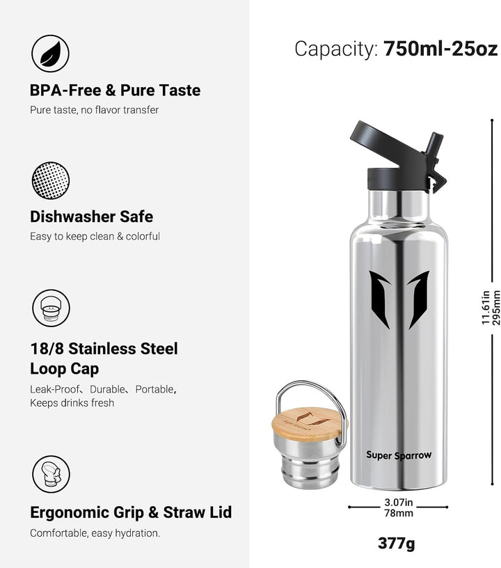 Sparrow Edelstahl Trinkflasche- 0.5L/0.75L/1L- Thermosflasche mit Strohhalm | Wasserflasche Auslaufs