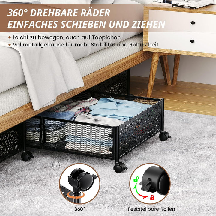 PHINOX Unterbett-Aufbewahrungsbox mit Rollen, 2 Stück faltbare Metall-Unterbettkommode zur Kleiderau