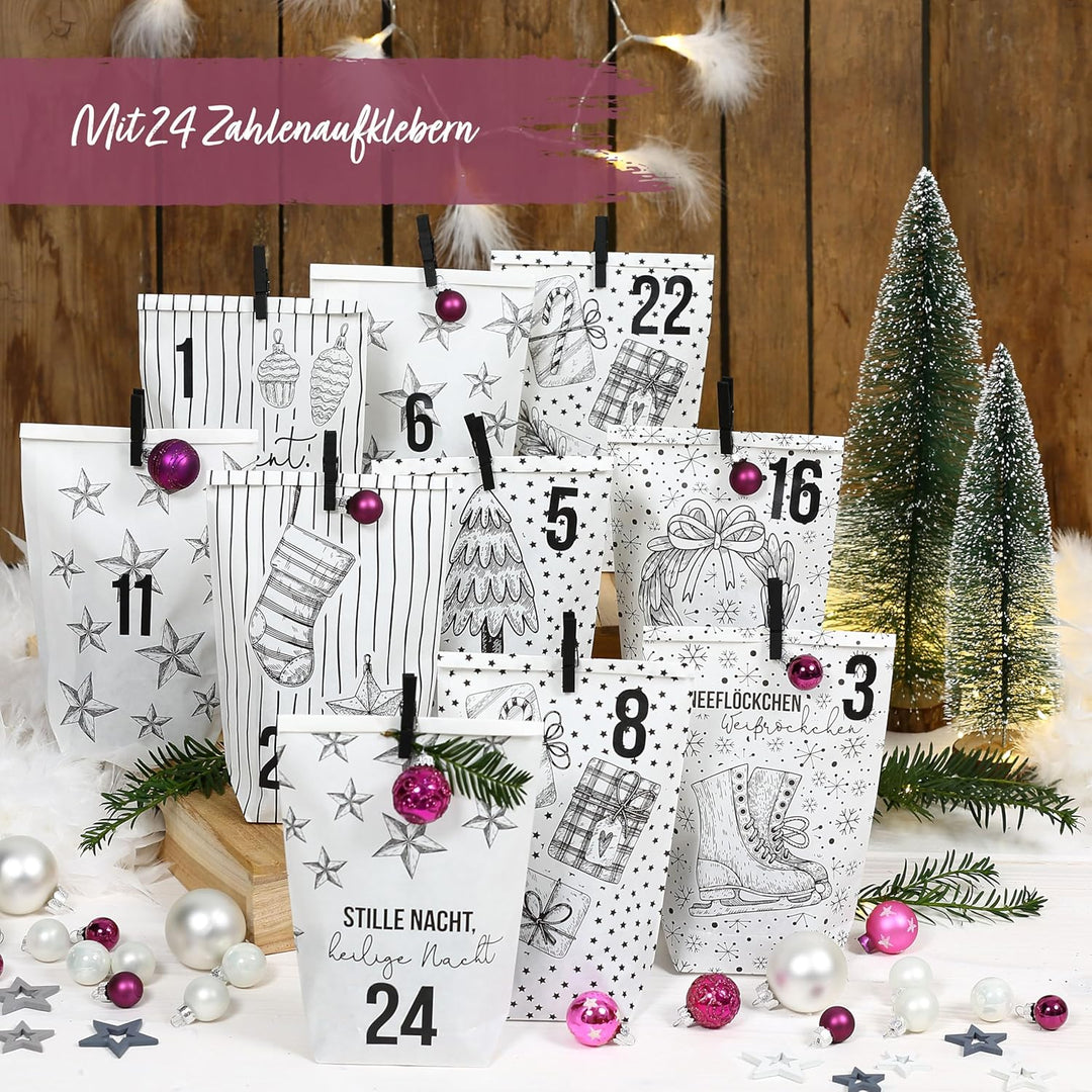 Papierdrachen Adventskalender 2025 zum Befüllen - 24 weisse Papiertüten mit Zahlenaufklebern - Motiv