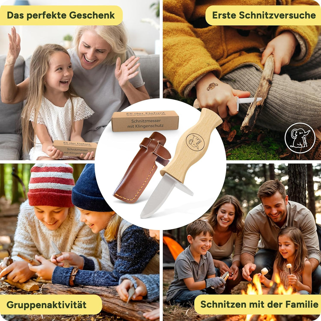 Eli® Schnitzmesser für Kinder mit Klingenschutz aus Leder ab 6 Jahre - hochwertiges Kindermesser Sch