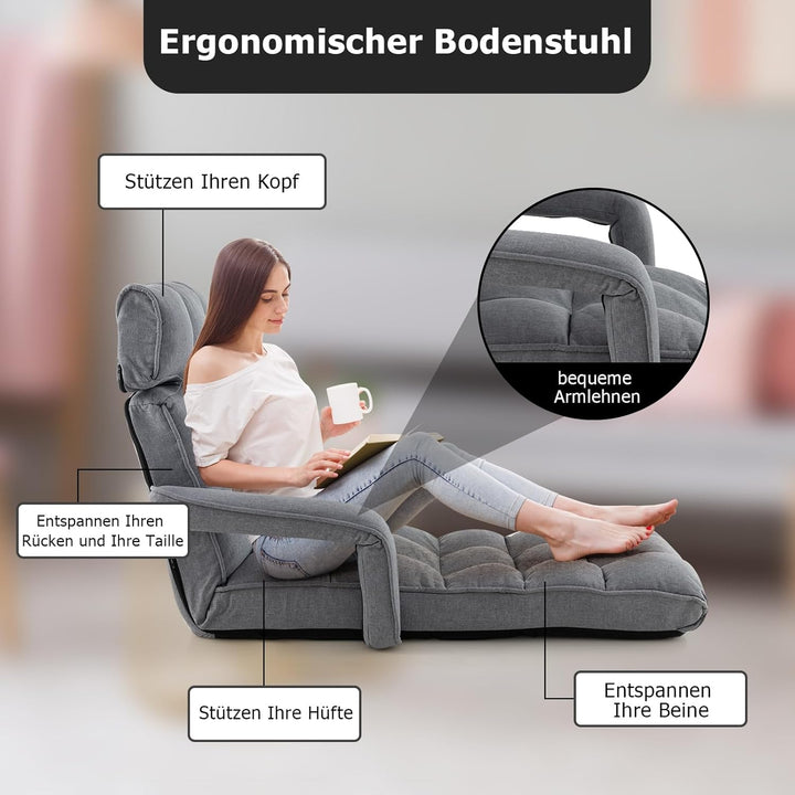 GOPLUS Bodenliege, Relaxliege mit 6-Fach verstellbare Rückenlehne, Bodensessel mit Armlehnen, Relaxs