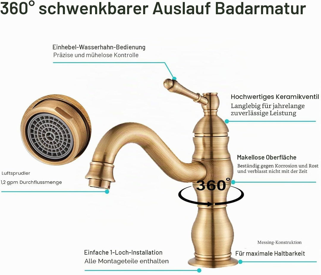 Rozin Retro Waschtischarmatur Einhebelmischer Wasserfallauslauf Kurze Ausführung aus Messing Kurzer
