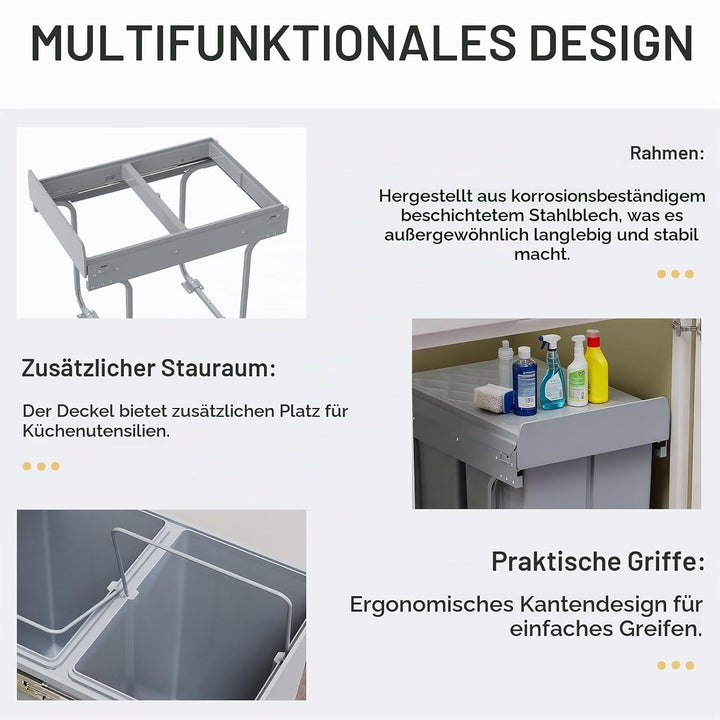 Soontrans Mülleimer Küche Unterschrank, Einbaumülleimer Küche mit 2x 20L Ausziehbarer Abfalleimer, T