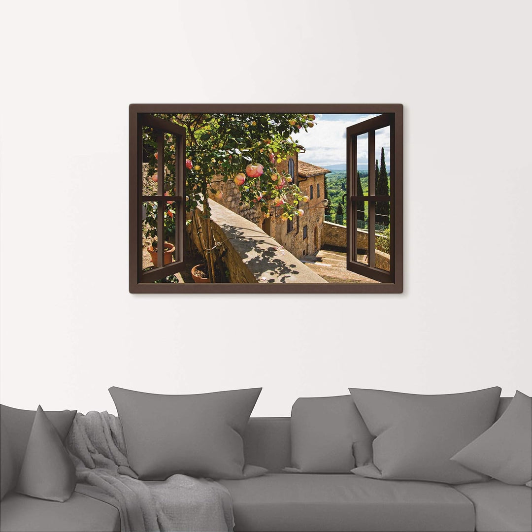 ARTland Leinwandbild Wandbild Bild auf Leinwand 130x90 cm Wanddeko Fensterblick Fenster Toskana Land