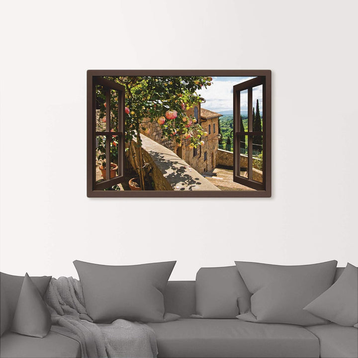 ARTland Leinwandbild Wandbild Bild auf Leinwand 130x90 cm Wanddeko Fensterblick Fenster Toskana Land
