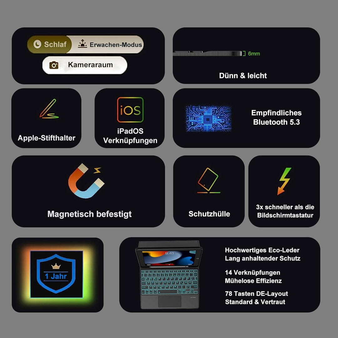 Tastatur Hülle mit Touchpad für iPad 10.2 Zoll (9/8/7 Generation) 2021/2020/2019, 7 Farben Beleuchtu