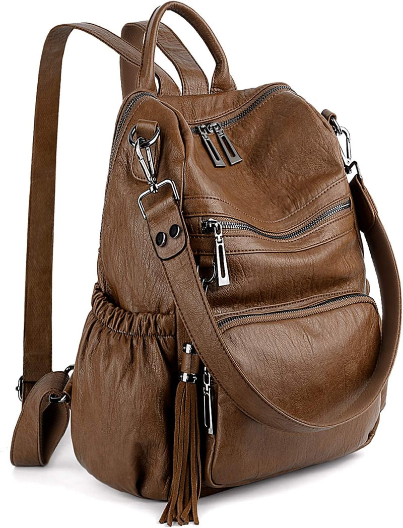 UTO Damen Rucksack PU Washed Leder Modischer Multifunktionsrucksack mit Quastendesign Lässige Schult