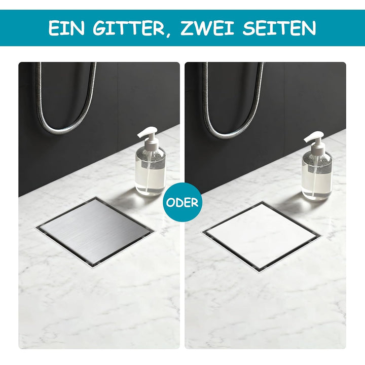 150 x 150 mm Duschrinne Quadratisch Edelstahl Bodenablauf mit 360° Siphon Geruchsstop, Haarfilter 2