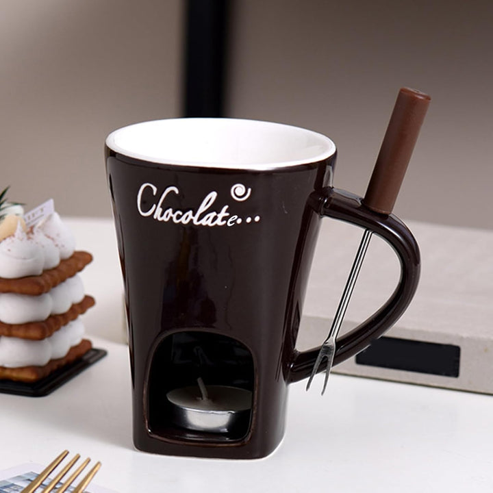 Schokoladen-Fondue-Becher mit Gabel, persönliches Schokoladen-Schmelzbecher-Fondue-Set aus Keramik m