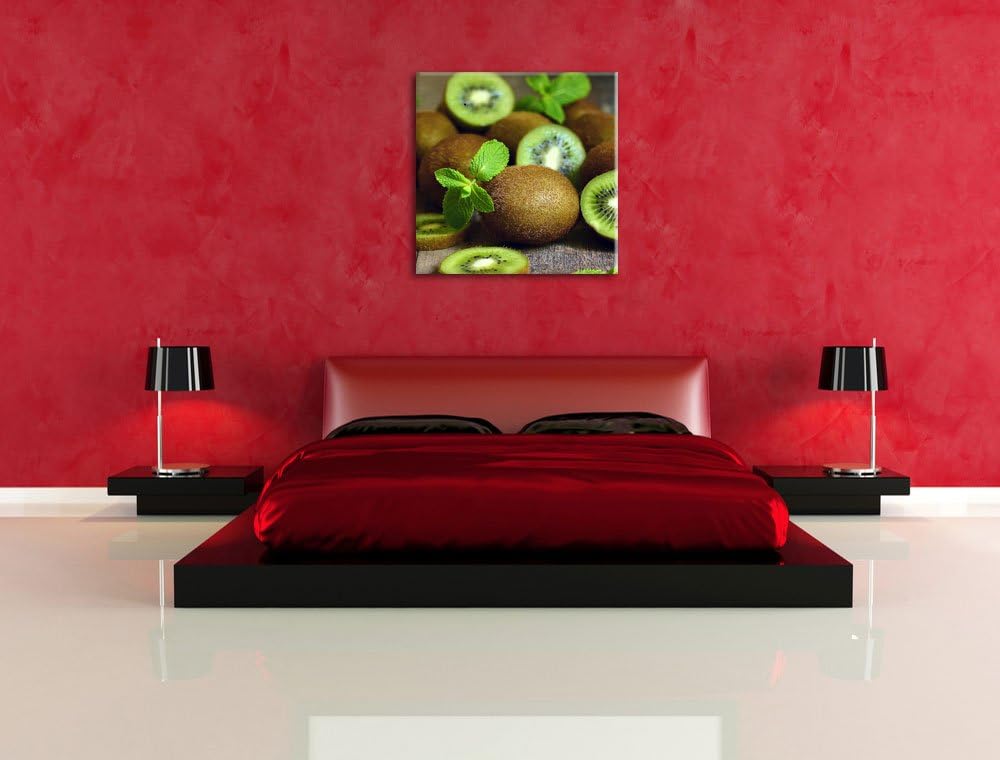 Pixxprint Kiwis auf Holztisch als Leinwandbild | Grösse: 70x70 cm | Wandbild | Kunstdruck | fertig b
