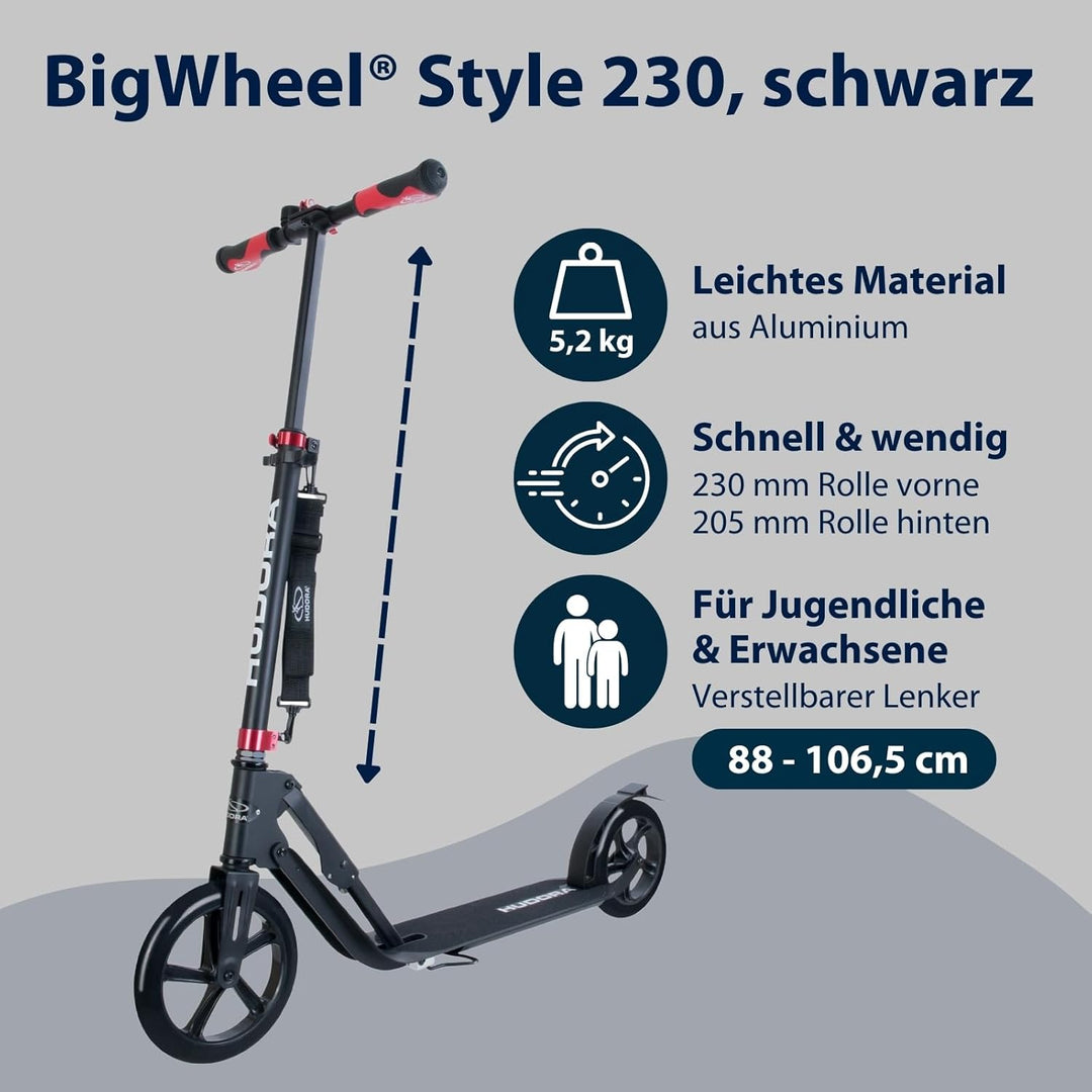 HUDORA BigWheel Style 230 Scooter - Stabiler Aluminium-Roller mit grosser Trittfläche - Höhenverstel