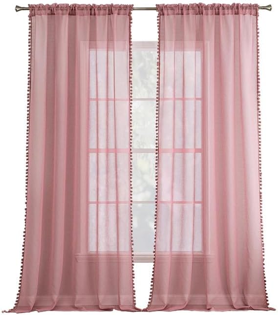 MIULEE Voile Gardine Pompons Stangendurchzug 2er Set B140 H145 Altrosa | Luftige Voile-Gardine mit P
