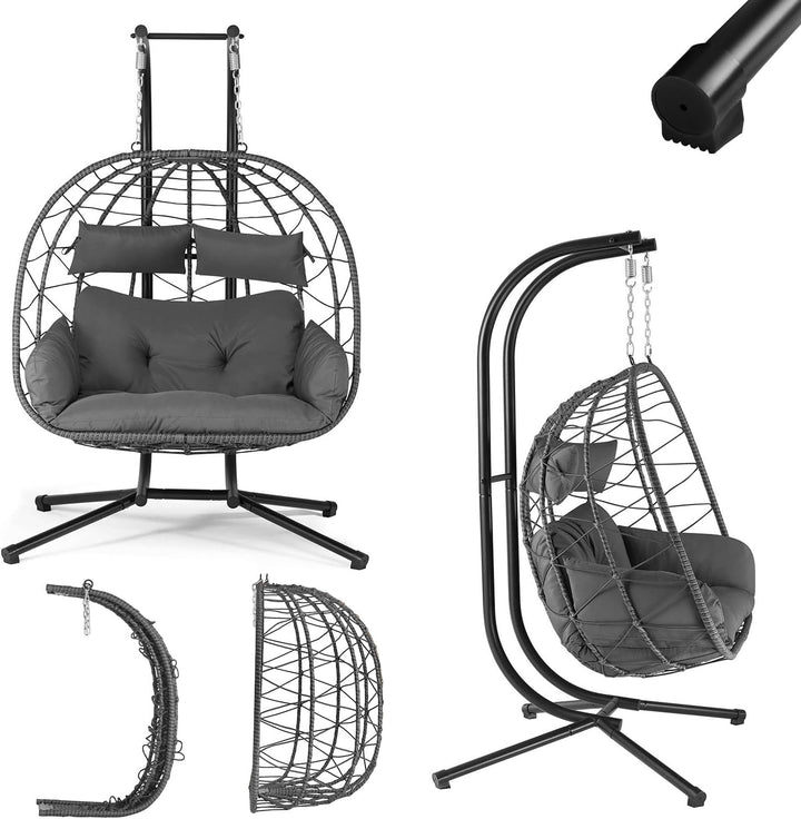 Juskys Doppelhängesessel Aria - Polyrattan Hängesessel mit Gestell & Kissen - Schaukel für Zwei Pers