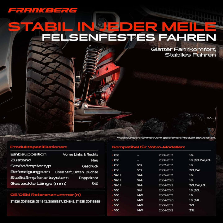 Frankberg 2x Stossdämpfer Gasdruck Vorderachse Kompatibel mit C30 533 2006-2012 S40 II 544 2004-2012