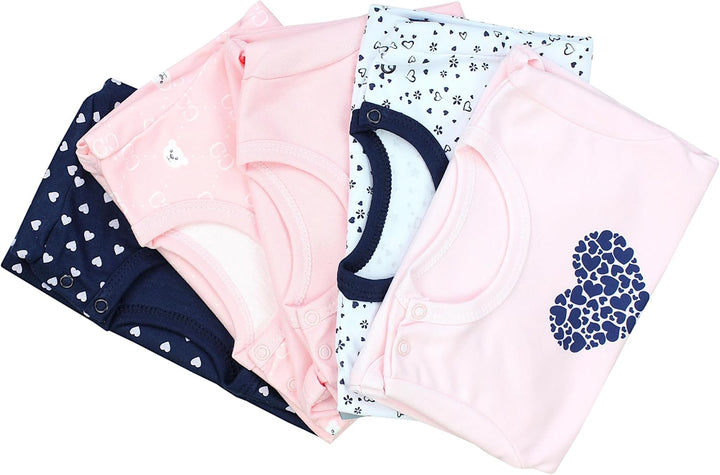 TupTam Mädchen Baby Body Kurzarm in Unifarben - 5er Pack 86 Dunkelblau Blumen Hellrosa Herzen Apriko