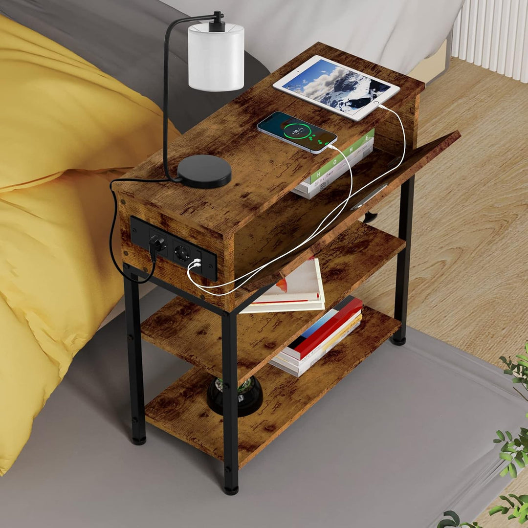 Beistelltisch Mit Ladestation, USB-Anschlüssen, Schubladen und Ablagefläche - Nachttisch für Kleine
