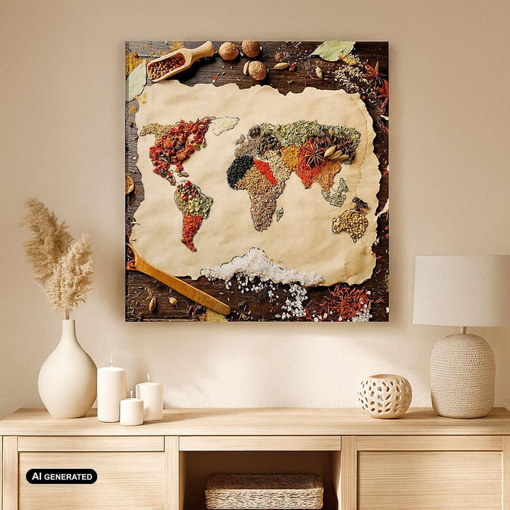 Bilder auf Leinwand 70x70cm Leinwandbild Welt Karte Gewürze Farben Gross Wanddeko Bild Schlafzimmer