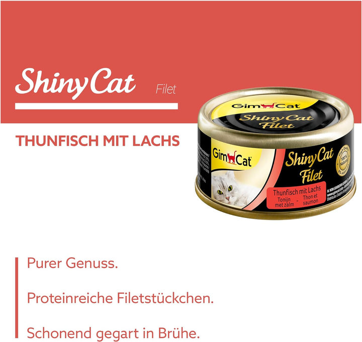 GimCat ShinyCat Filet Thunfisch mit Lachs - Katzenfutter mit saftigem Filet ohne Zuckerzusatz für au