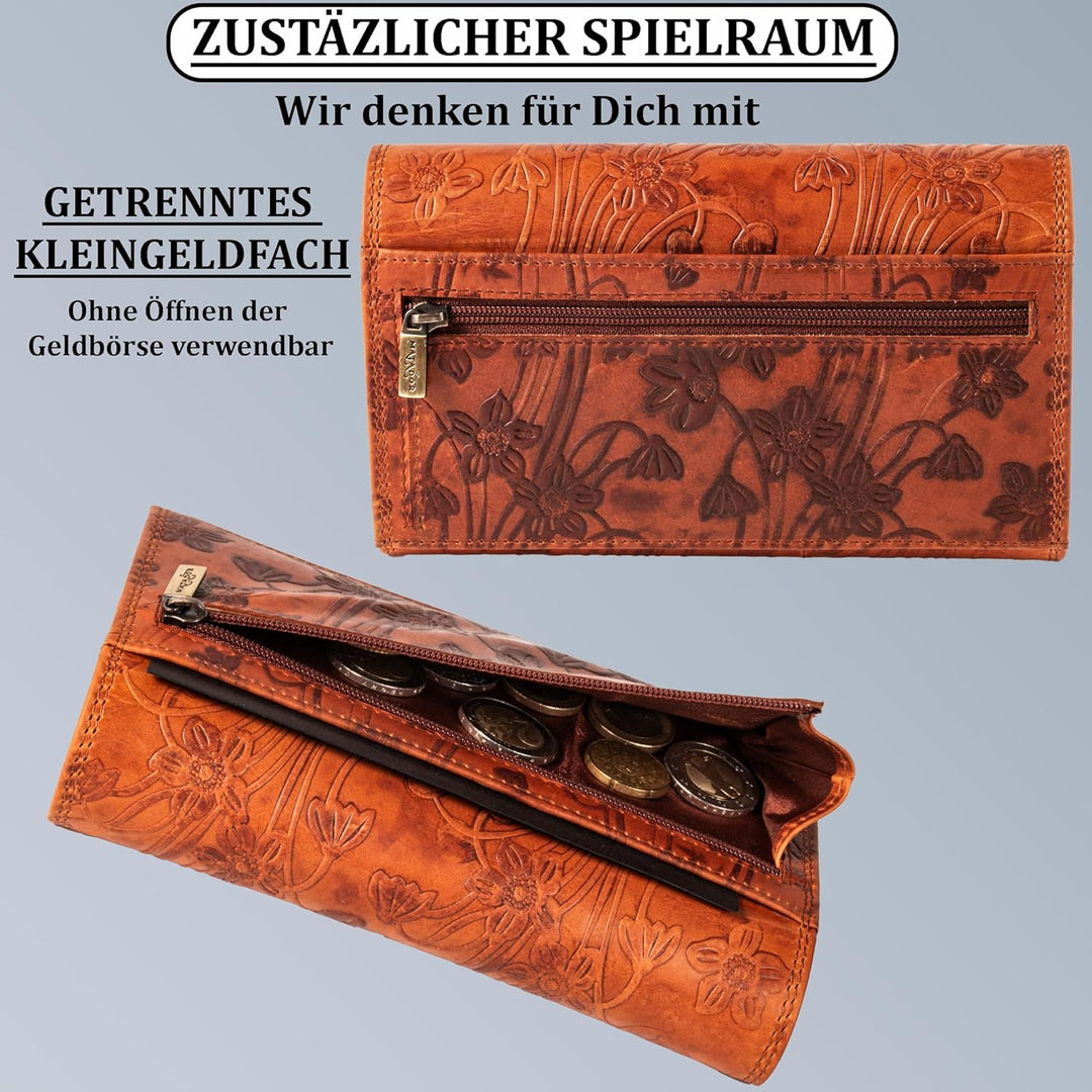 MATADOR Damen Leder Geldbörse Blumen TÜV geprüfter RFID & NFC Schutz Vintage Braun Printed Braun, Pr