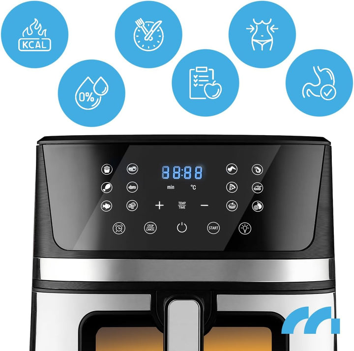 MalTec Heissluftfritteuse fettfrei AirFryer1800W-7L Gross Vorschaufenster 12 Programme Schwarz LED-T