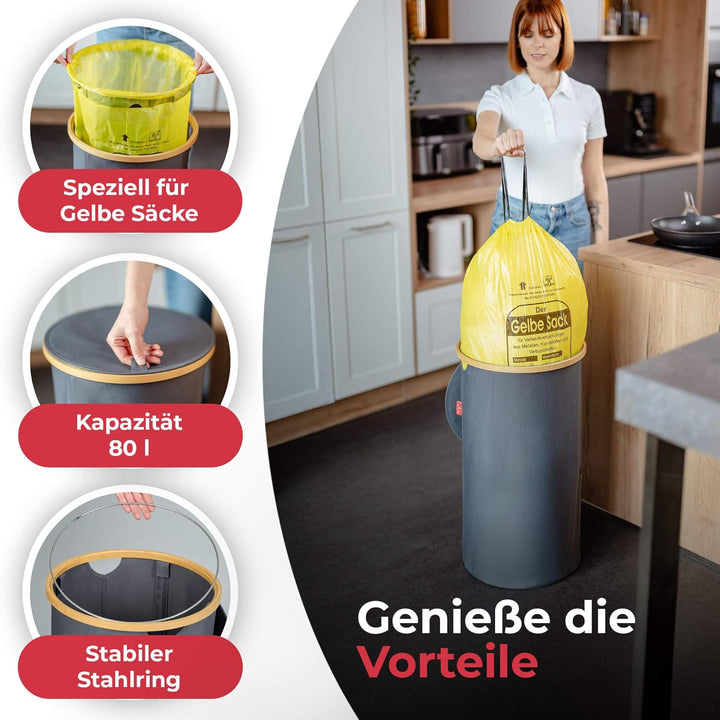 Levio® Gelber Sack Ständer mit Deckel – Müllsackhalter [80L mit Geruchsfilter] – Mülltonne Gelber Sa