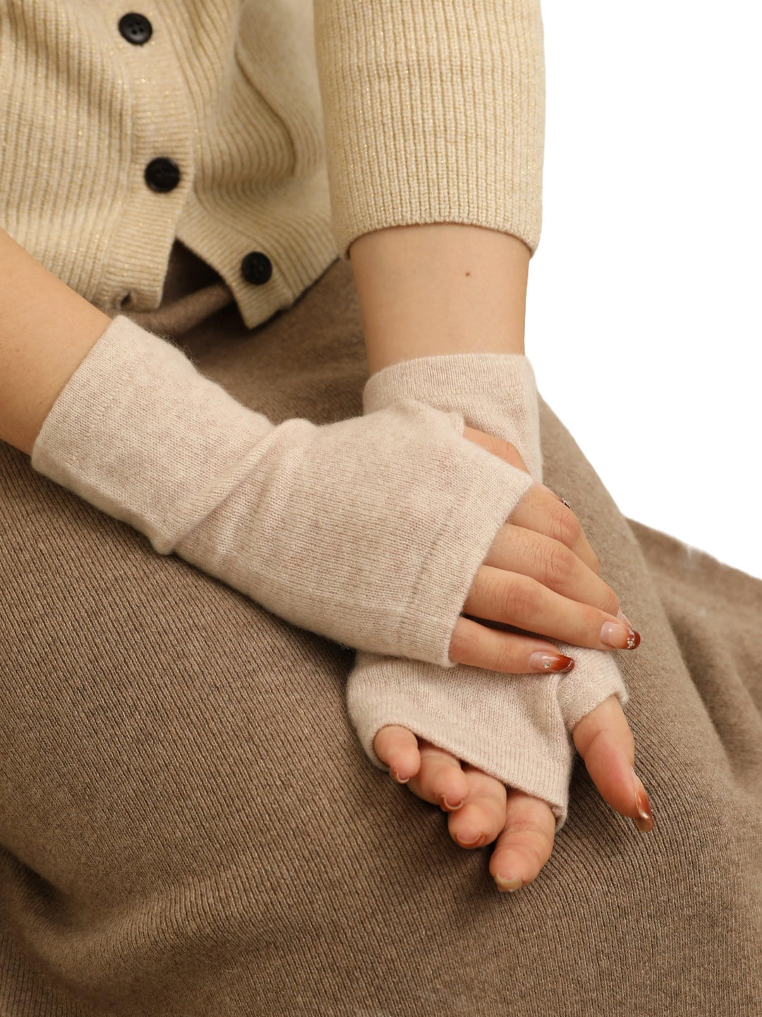 Kaschmir-Wolle Damen Pulswärmer fingerlose Handschuhe Hand-Stulpen 19 cm X 10 cm Hell-Beige, 19 cm X