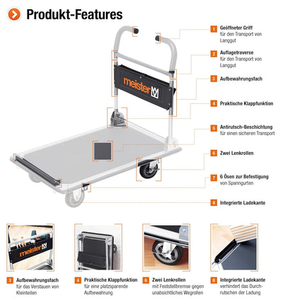 Meister Plattformwagen "cut-off" - Klappbar - Bis 300 kg Tragkraft - Feststellbremse / Transporthilf