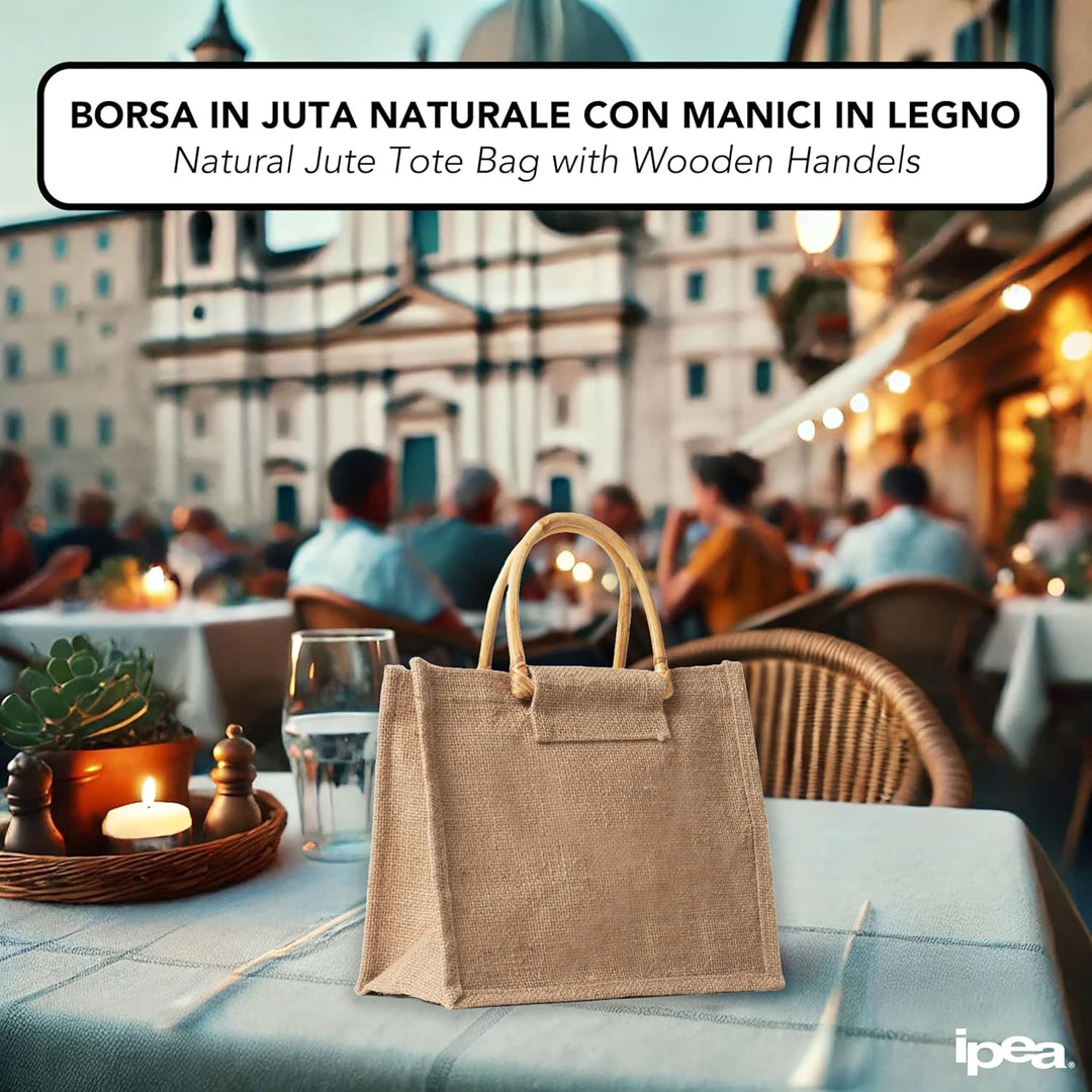 IPEA 2x Jute Tasche mit Holzgriffen zum Einkaufen, Verbringen und für die Freizeit – 2 Stück – Shopp