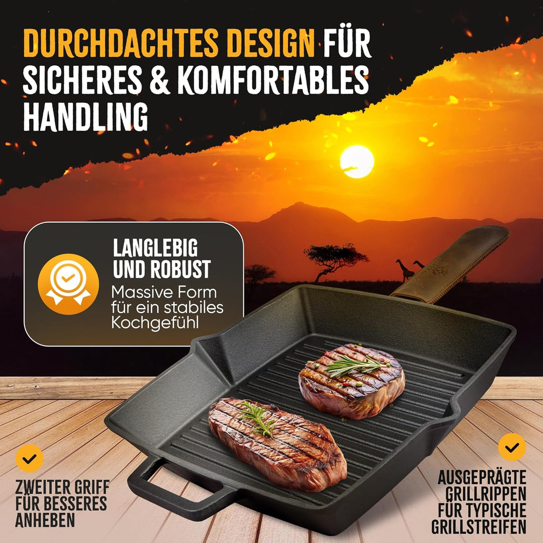 Grillpfanne Gusseisen 26 cm emailliert, voreingebrannt [Kein Einbrennen erforderlich], Steakpfanne g