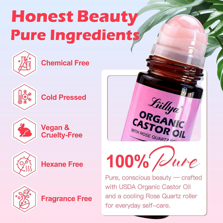 rizinusöl kaltgepresst bio Roll On mit Rosenquarz – Castor Oil Organic 100% Rein, Hexanfrei, Natürli