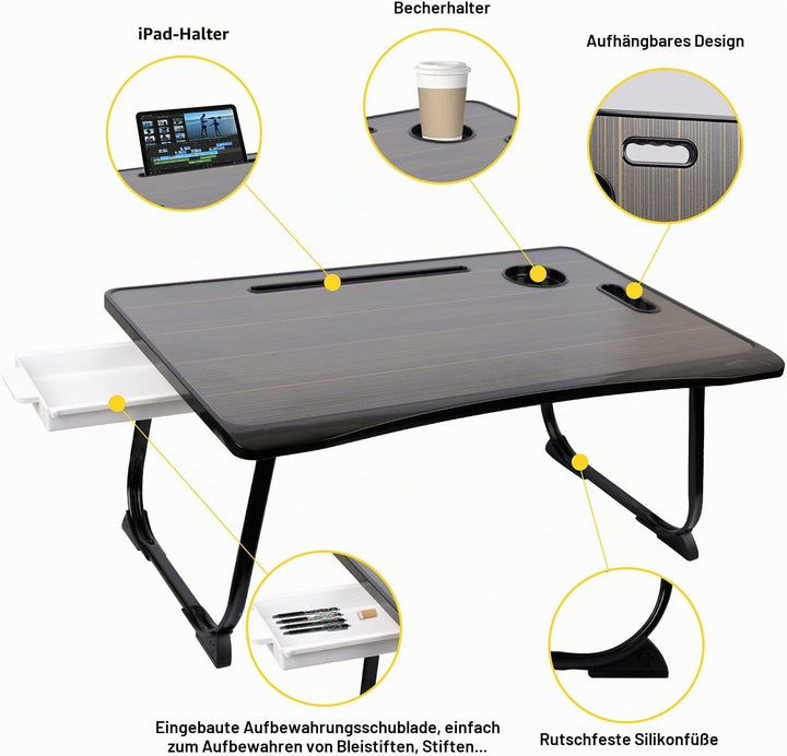 Amaredom Laptoptisch, Laptop Betttisch Klappbar, Klappbarer Lapdesk mit Schublade und Tassenhalter f