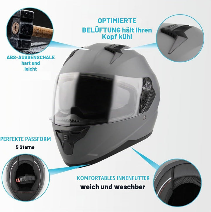 VINZ Kennet Integralhelm mit Sonnenblende | ECE 22.06 &amp; PINLOCK vorbereitet | Motorradhelm für Herre