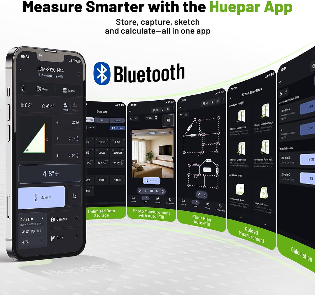 Huepar 100 m Reichweite, grünes Laser-Entfernungsmessgerät mit Bluetooth-App-Steuerung | 5 Jahre Gar