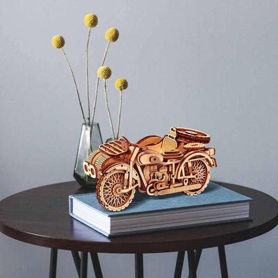 Motorrad mit Beiwagen 3D-Puzzles – Motorrad Dreirad Holzmodellbausätze für Erwachsene zum Bauen – Re