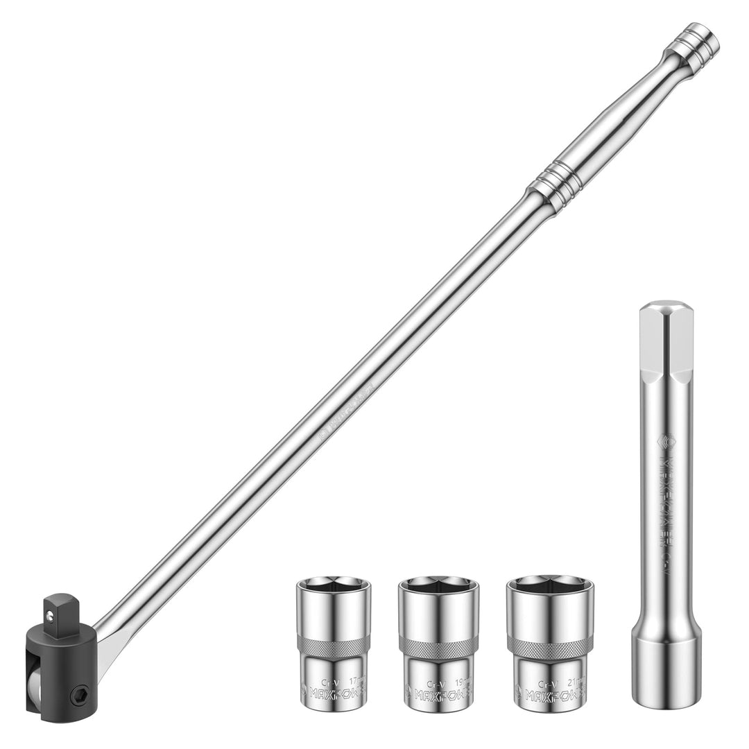 MAXPOWER 450mm Breaker Bar 1/2 zoll Gelenkgriff mit 17 mm/19 mm/21 mm Steckschlüssel 125mm Erweiteru