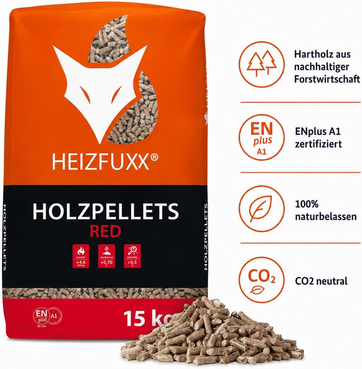 HEIZFUXX Red ENplus A1 Holzpellets Hartholz 30 kg (2 x 15 kg), 2 x 15 kg