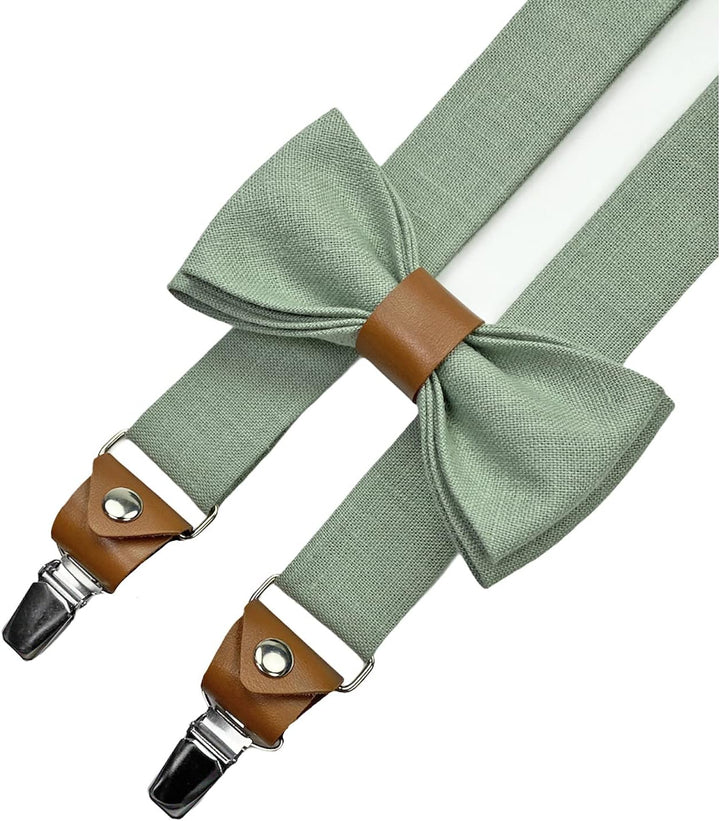 Leinen Accessoires: Fliege mit Leder, Hosenträger mit Leder, Einstecktuch, Manschettenknöpfe für Her