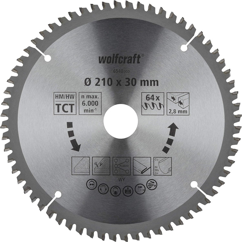 wolfcraft 6540000 Kapp- und Gehrungssägeblatt ø 210 mm - feine, saubere Schnitte ø 210 mm 64 Zähne,