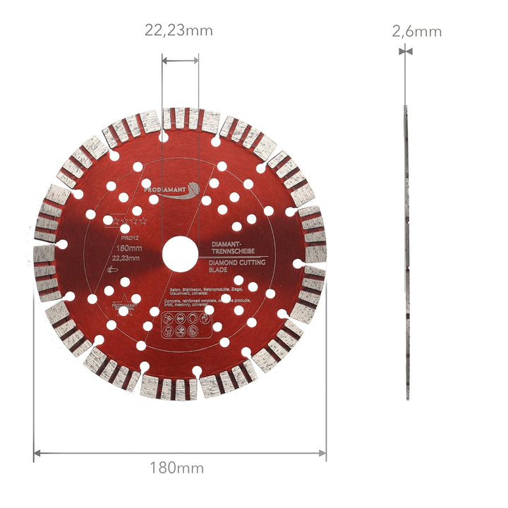 PRODIAMANT Turbo Diamant-Trennscheibe Beton 180mm x 22,23 mm Segmenthöhe 12mm 180/22,23mm, 180/22,23