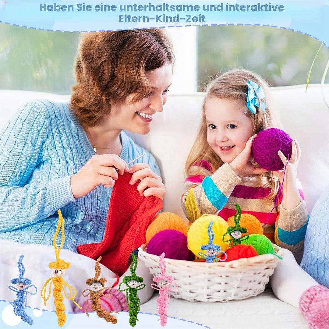 NAMIS Sorgenwürmchen Häkeln Set,Glückswürmchen Häkel Set mit Anleitung,40 Holzkugeln mit Gesicht 20m