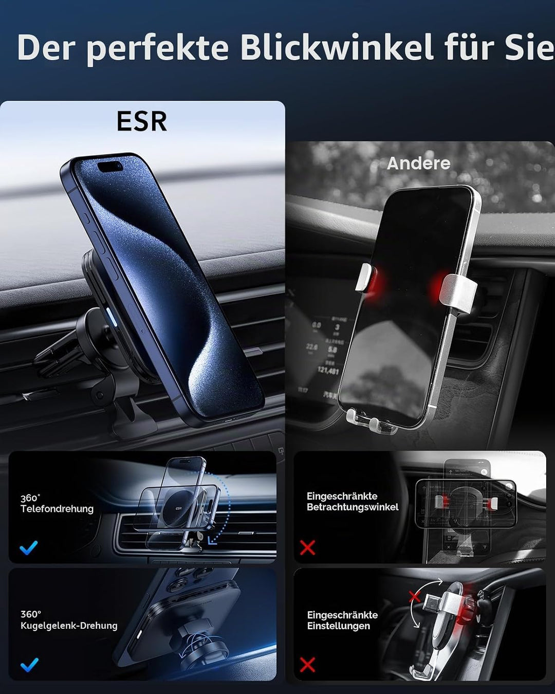 ESR für Qi2 15W Magsafe Autohalterung mit Ladefunktion, Qi2 zertifiziertes, Lüftung/Armaturenbrett M